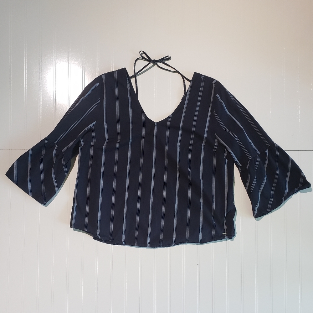 Tommy Hilfiger bell sleeve tie back navy blouse